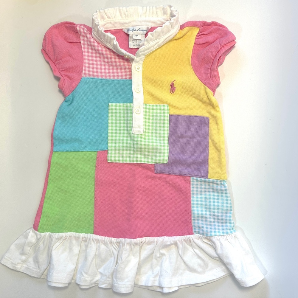 Ralph Lauren Patchwork Pastel Baby Girls Frill Polo Dress‎ 18M Pony Madras Retro